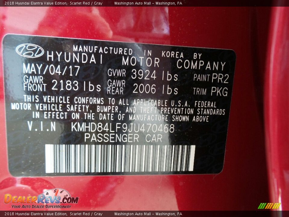 2018 Hyundai Elantra Value Edition Scarlet Red / Gray Photo #8