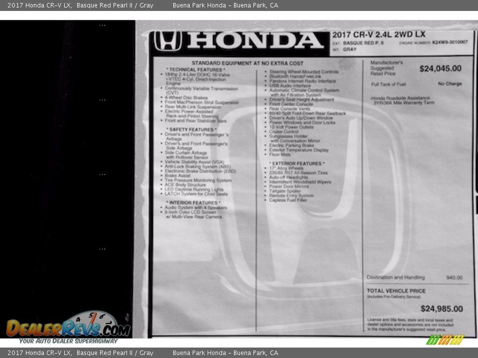 2017 Honda CR-V LX Basque Red Pearl II / Gray Photo #17
