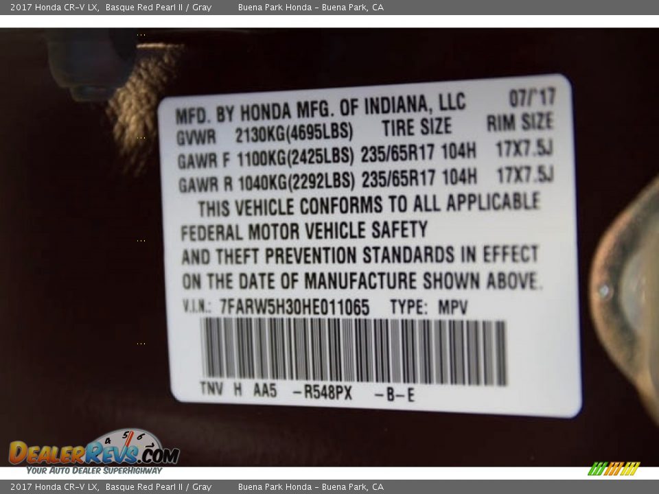 2017 Honda CR-V LX Basque Red Pearl II / Gray Photo #19