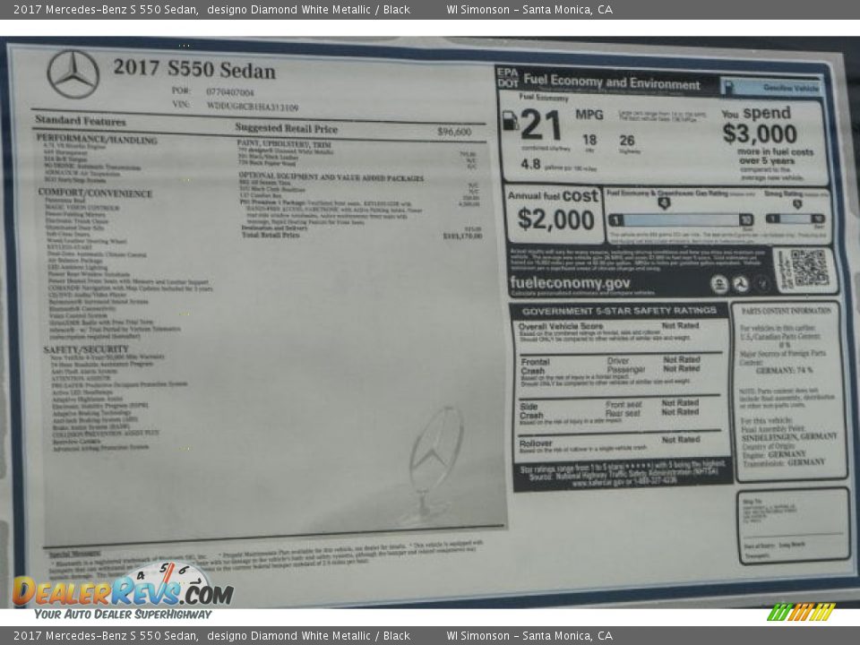 2017 Mercedes-Benz S 550 Sedan designo Diamond White Metallic / Black Photo #11