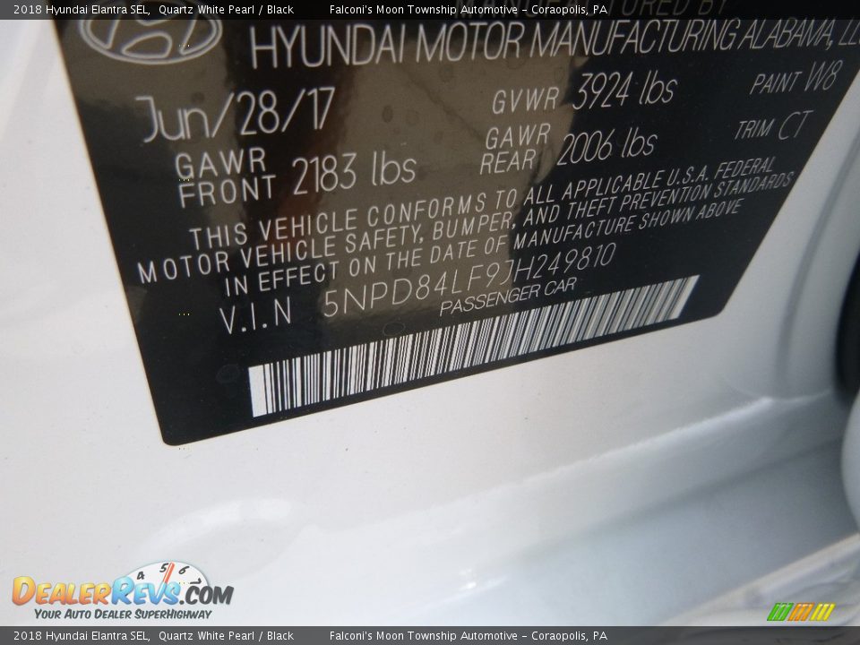 2018 Hyundai Elantra SEL Quartz White Pearl / Black Photo #13