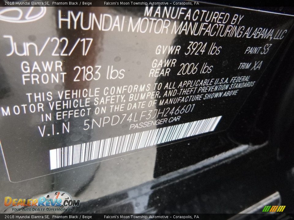 2018 Hyundai Elantra SE Phantom Black / Beige Photo #13
