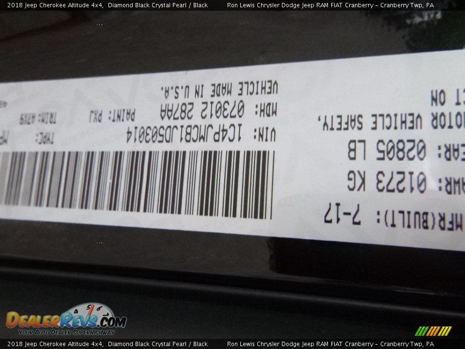2018 Jeep Cherokee Altitude 4x4 Diamond Black Crystal Pearl / Black Photo #15
