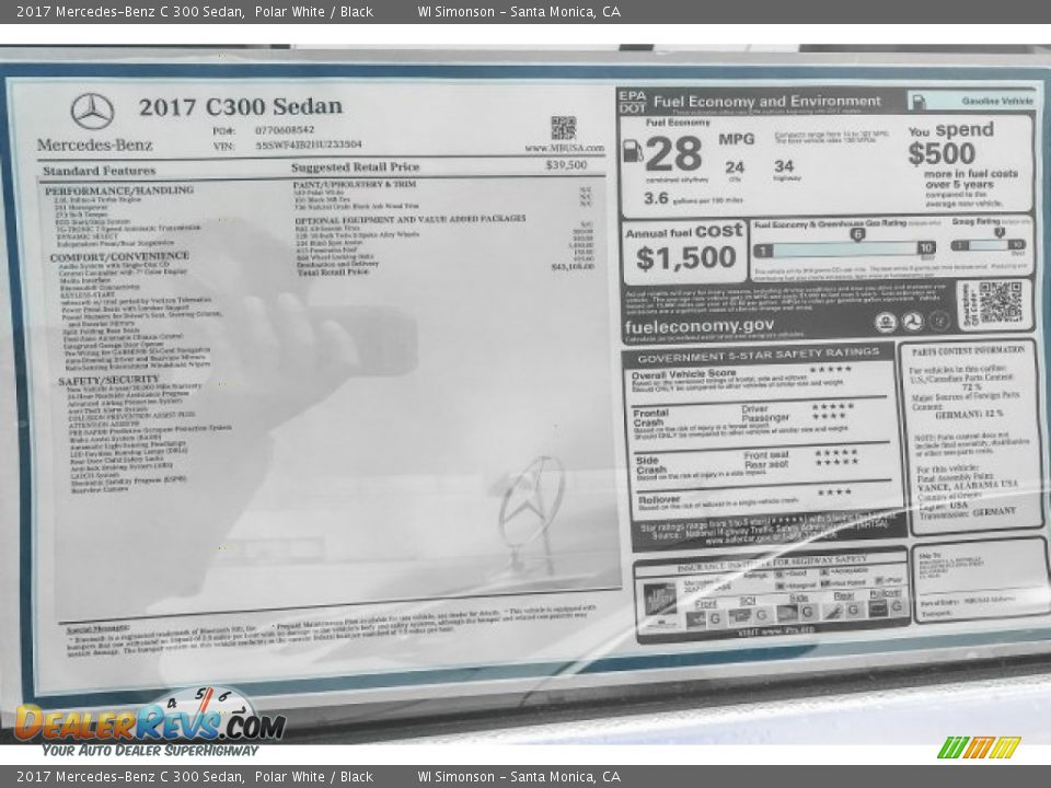 2017 Mercedes-Benz C 300 Sedan Polar White / Black Photo #11