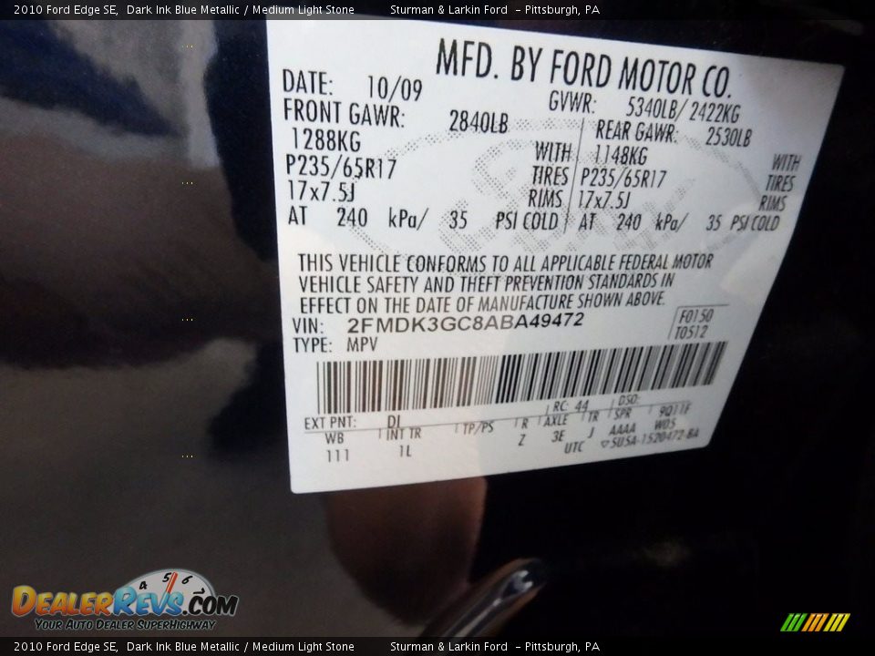 2010 Ford Edge SE Dark Ink Blue Metallic / Medium Light Stone Photo #12
