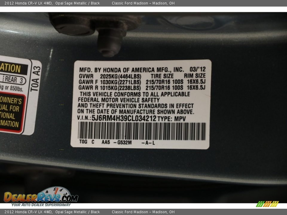 2012 Honda CR-V LX 4WD Opal Sage Metallic / Black Photo #19