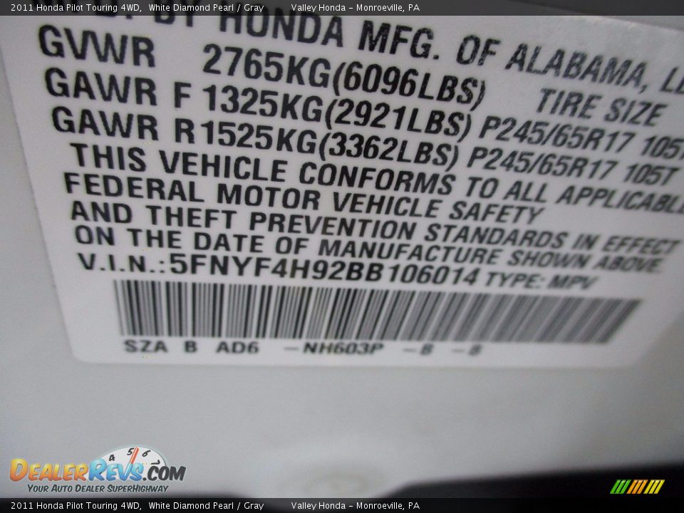 2011 Honda Pilot Touring 4WD White Diamond Pearl / Gray Photo #19