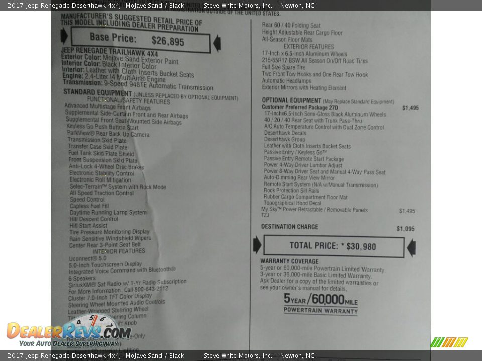 2017 Jeep Renegade Deserthawk 4x4 Mojave Sand / Black Photo #30