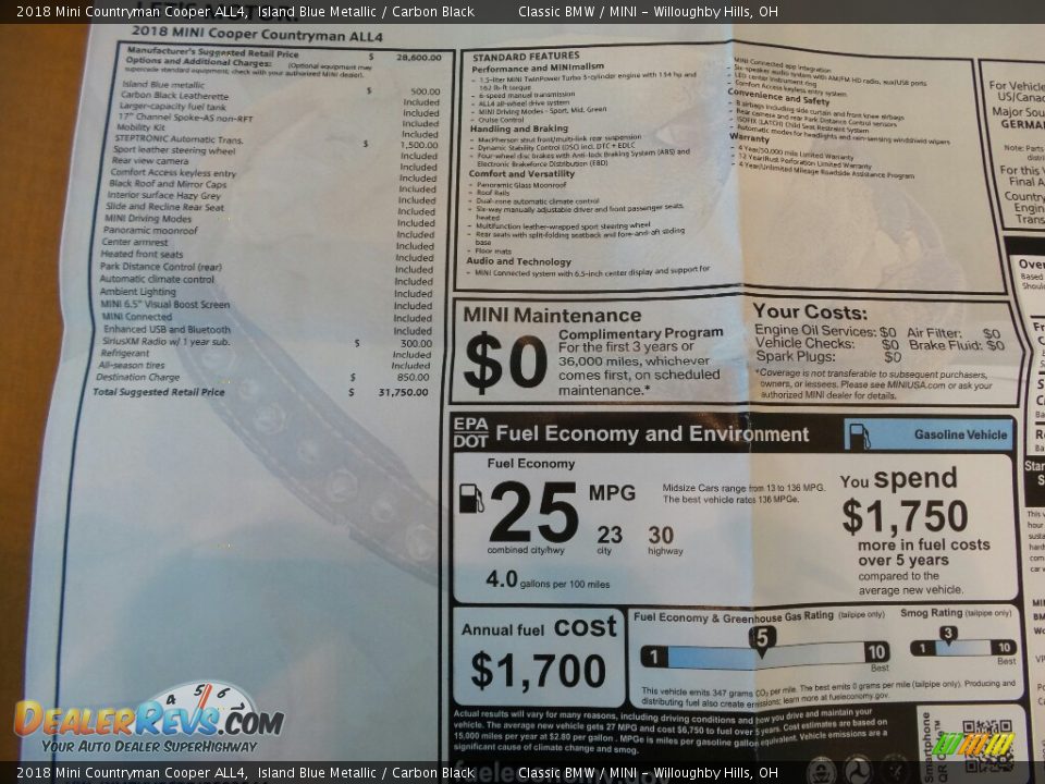 2018 Mini Countryman Cooper ALL4 Window Sticker Photo #6