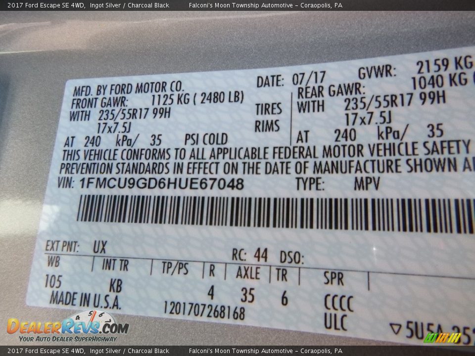 2017 Ford Escape SE 4WD Ingot Silver / Charcoal Black Photo #12