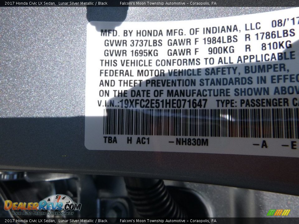2017 Honda Civic LX Sedan Lunar Silver Metallic / Black Photo #12