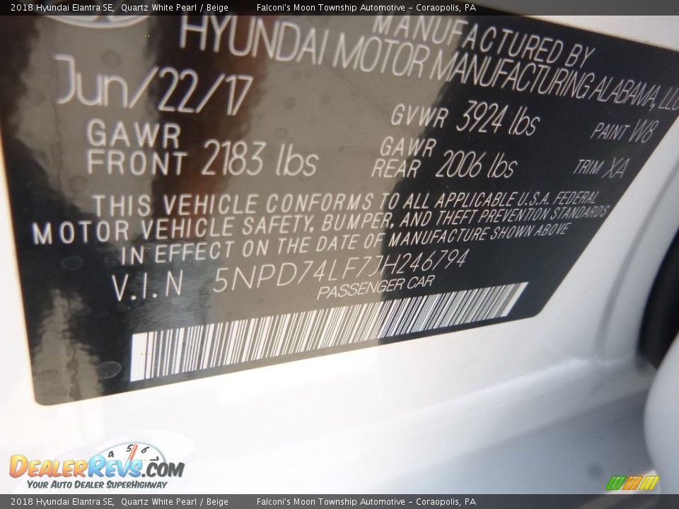 2018 Hyundai Elantra SE Quartz White Pearl / Beige Photo #13