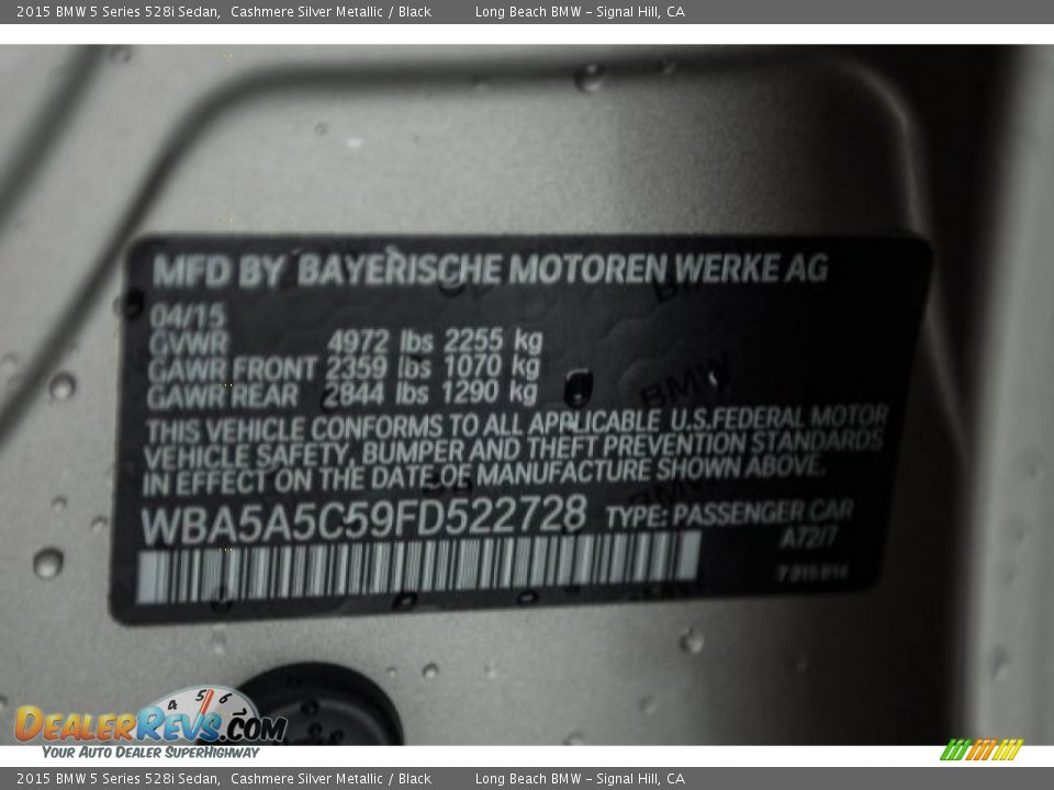 2015 BMW 5 Series 528i Sedan Cashmere Silver Metallic / Black Photo #17