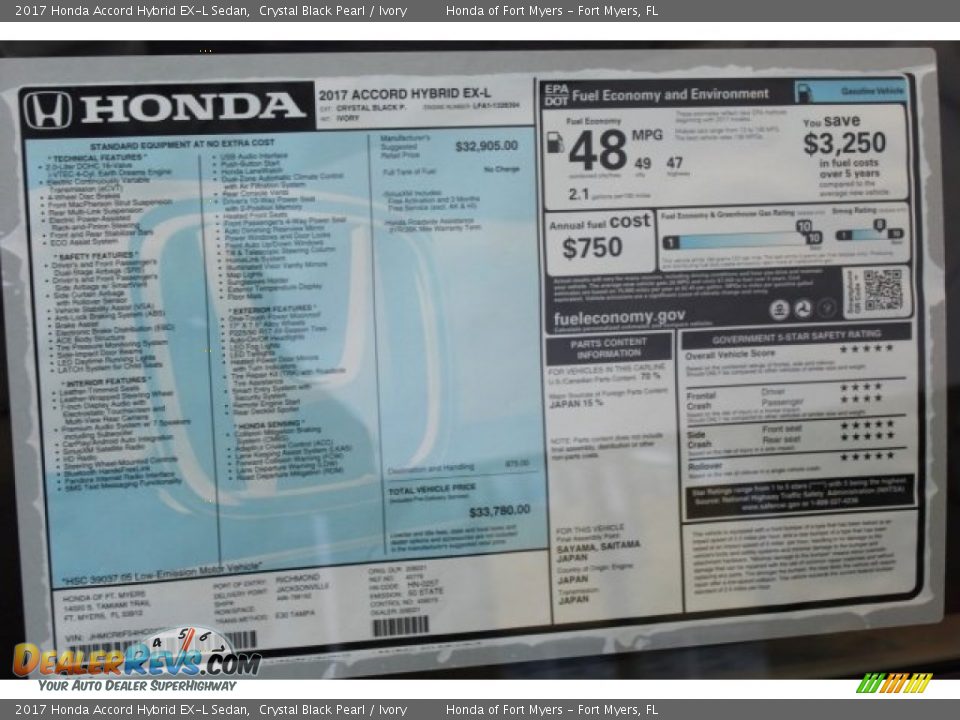 2017 Honda Accord Hybrid EX-L Sedan Crystal Black Pearl / Ivory Photo #29