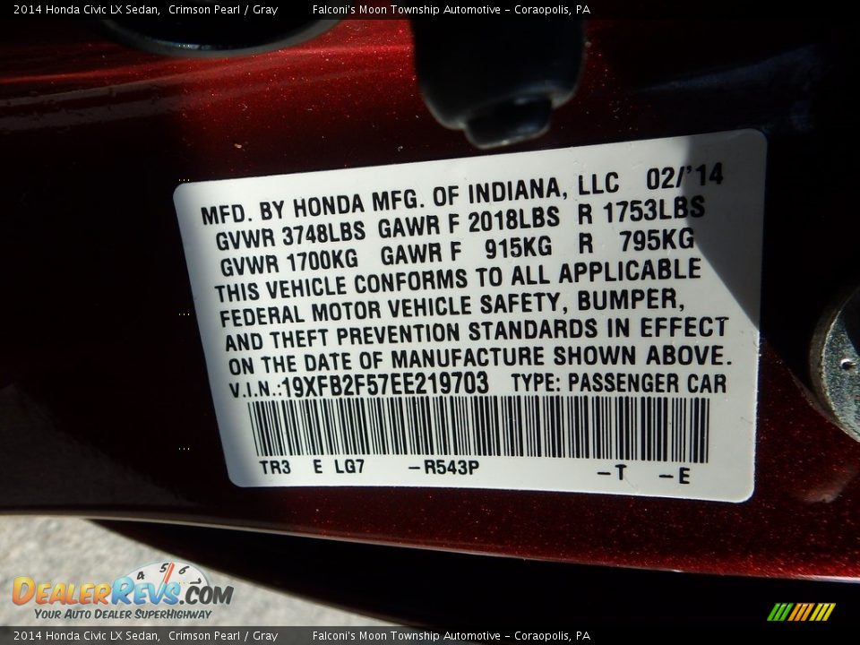 2014 Honda Civic LX Sedan Crimson Pearl / Gray Photo #23