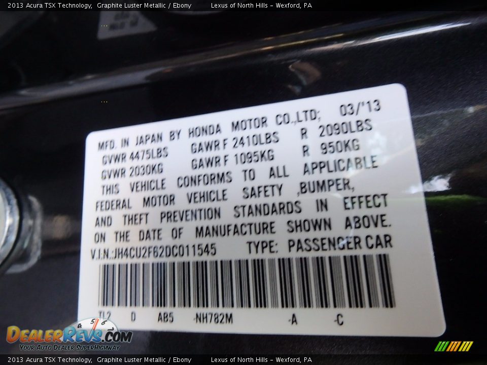 2013 Acura TSX Technology Graphite Luster Metallic / Ebony Photo #12