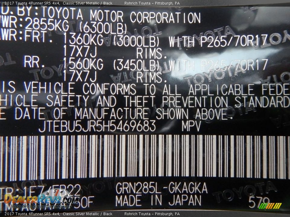 2017 Toyota 4Runner SR5 4x4 Classic Silver Metallic / Black Photo #10