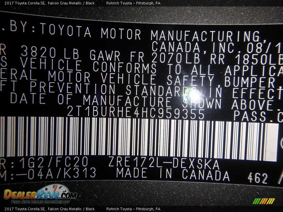2017 Toyota Corolla SE Falcon Gray Metallic / Black Photo #10
