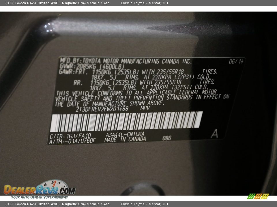 2014 Toyota RAV4 Limited AWD Magnetic Gray Metallic / Ash Photo #21