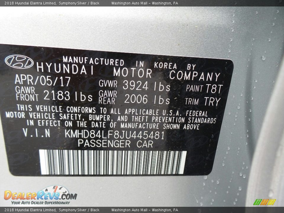 2018 Hyundai Elantra Limited Symphony Silver / Black Photo #10