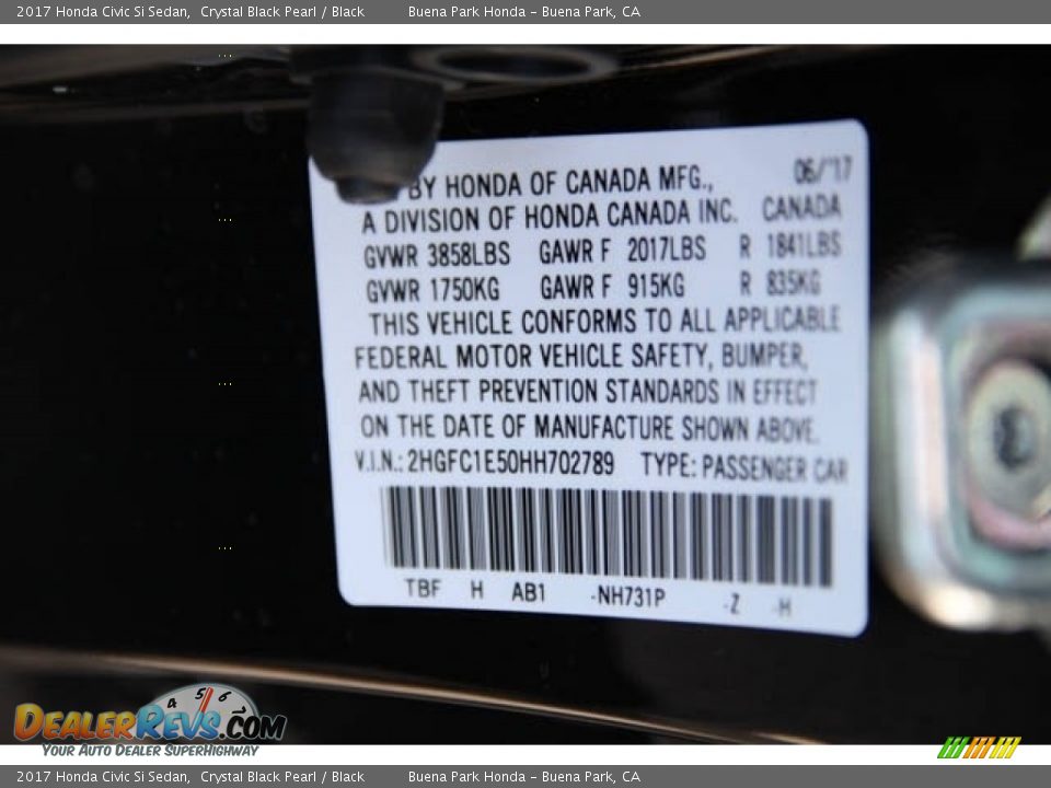2017 Honda Civic Si Sedan Crystal Black Pearl / Black Photo #20