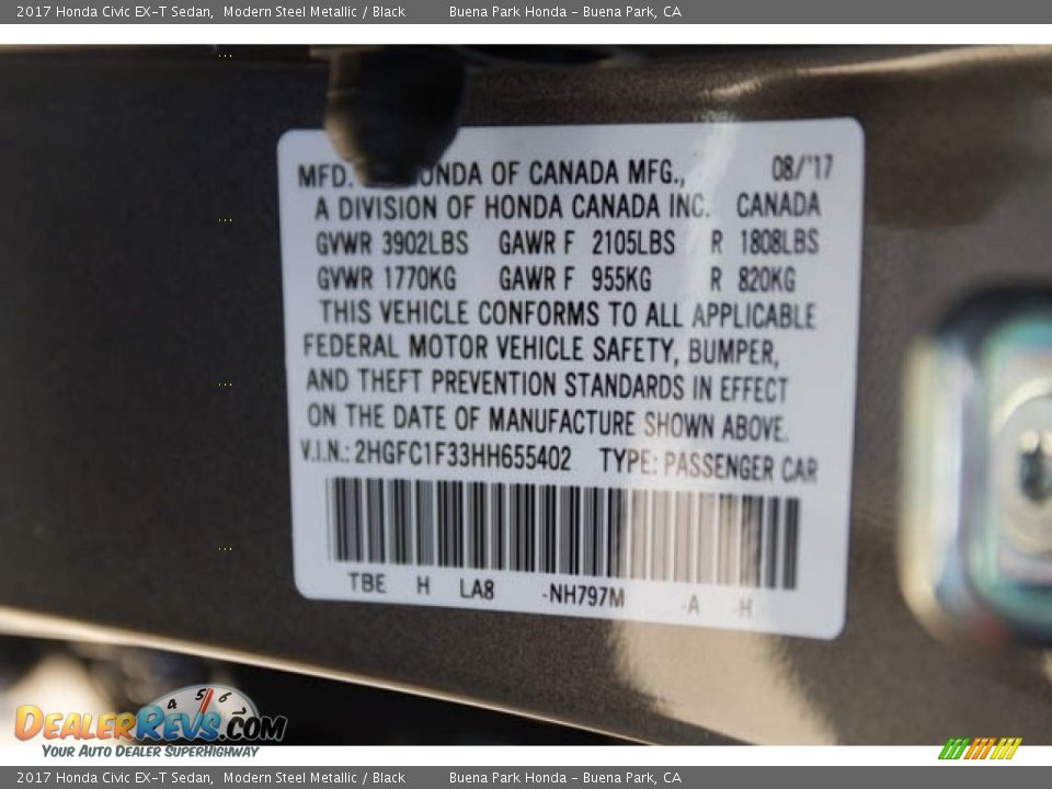 2017 Honda Civic EX-T Sedan Modern Steel Metallic / Black Photo #18