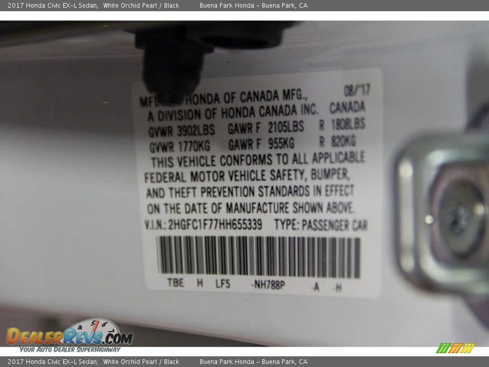 2017 Honda Civic EX-L Sedan White Orchid Pearl / Black Photo #18