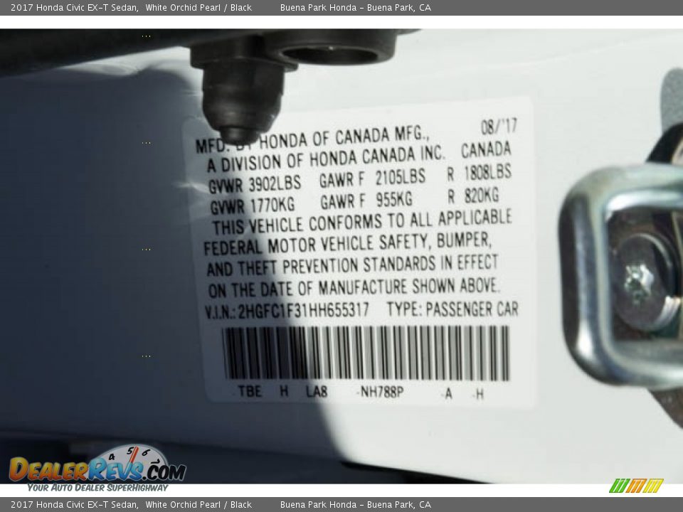 2017 Honda Civic EX-T Sedan White Orchid Pearl / Black Photo #18