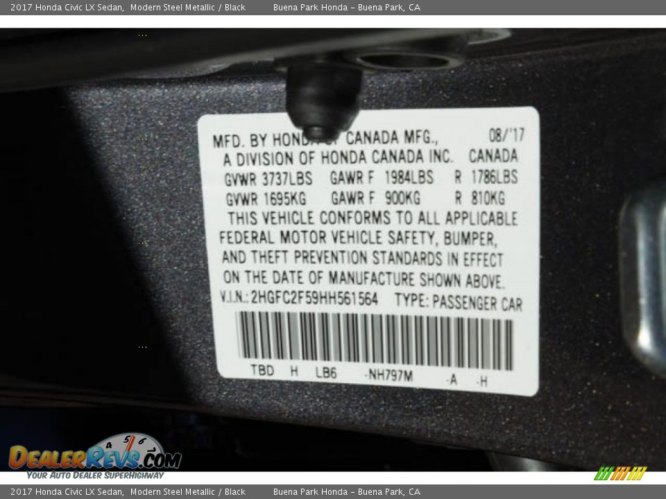 2017 Honda Civic LX Sedan Modern Steel Metallic / Black Photo #16