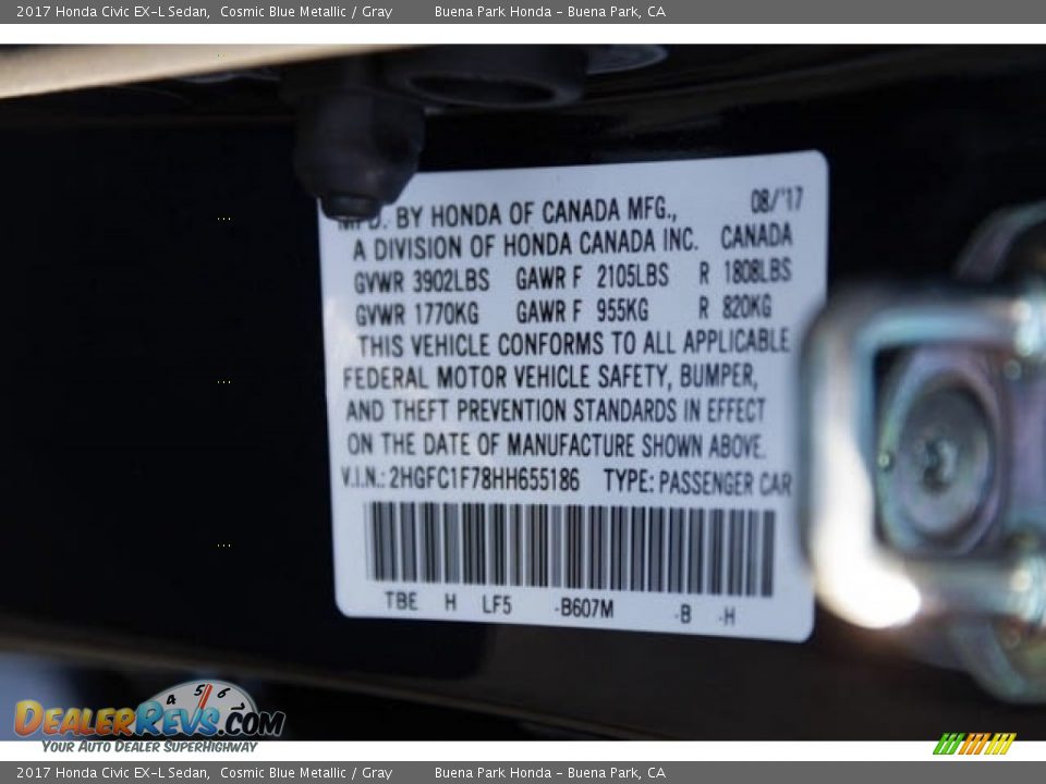 2017 Honda Civic EX-L Sedan Cosmic Blue Metallic / Gray Photo #18