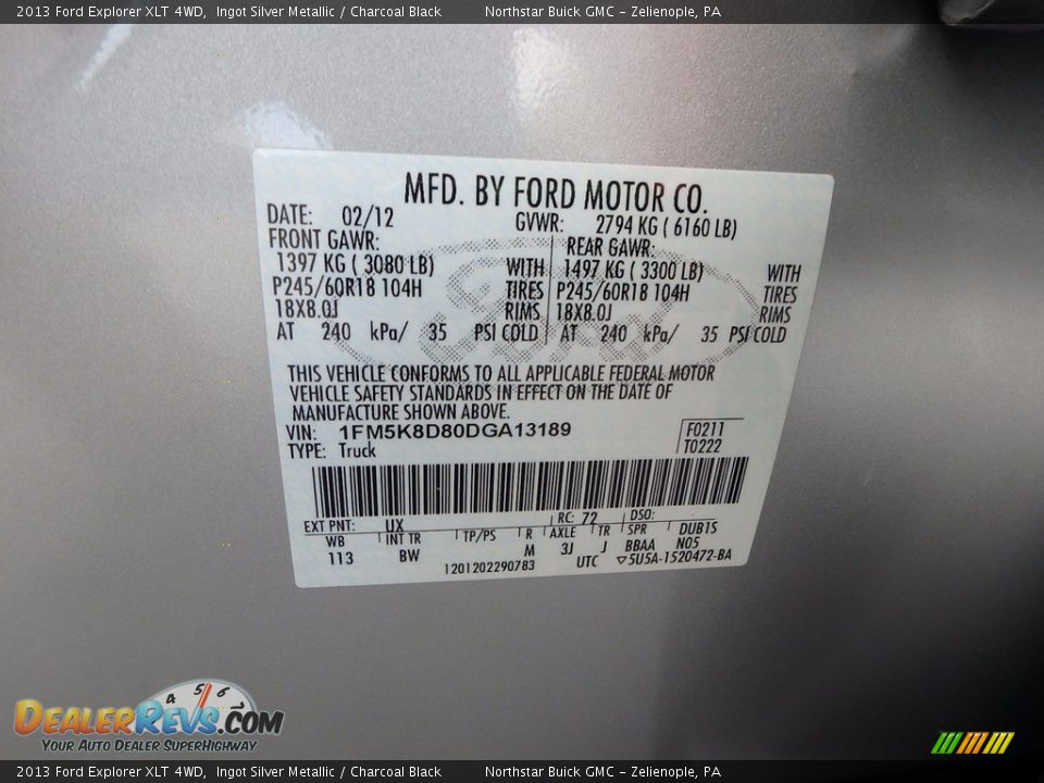2013 Ford Explorer XLT 4WD Ingot Silver Metallic / Charcoal Black Photo #22