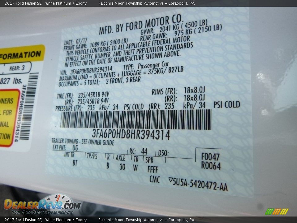 2017 Ford Fusion SE White Platinum / Ebony Photo #12