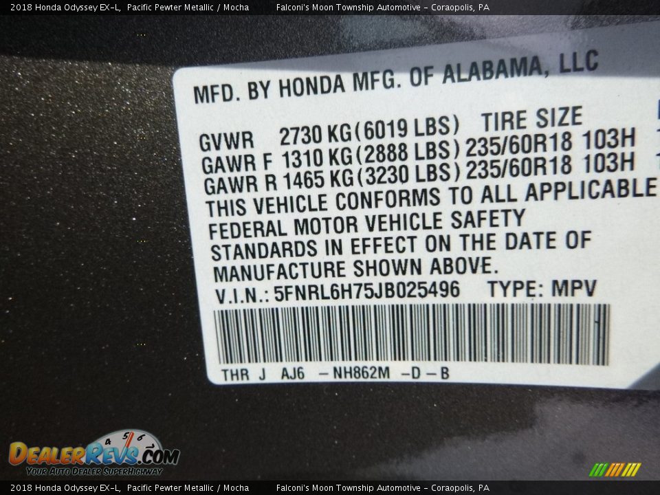 2018 Honda Odyssey EX-L Pacific Pewter Metallic / Mocha Photo #11