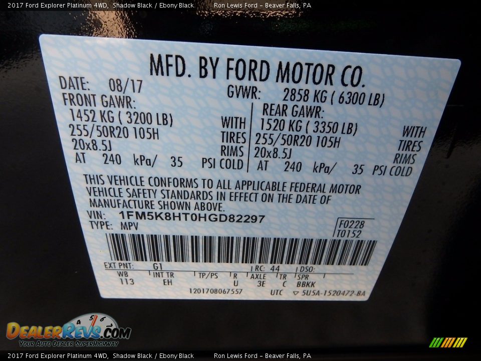 2017 Ford Explorer Platinum 4WD Shadow Black / Ebony Black Photo #15
