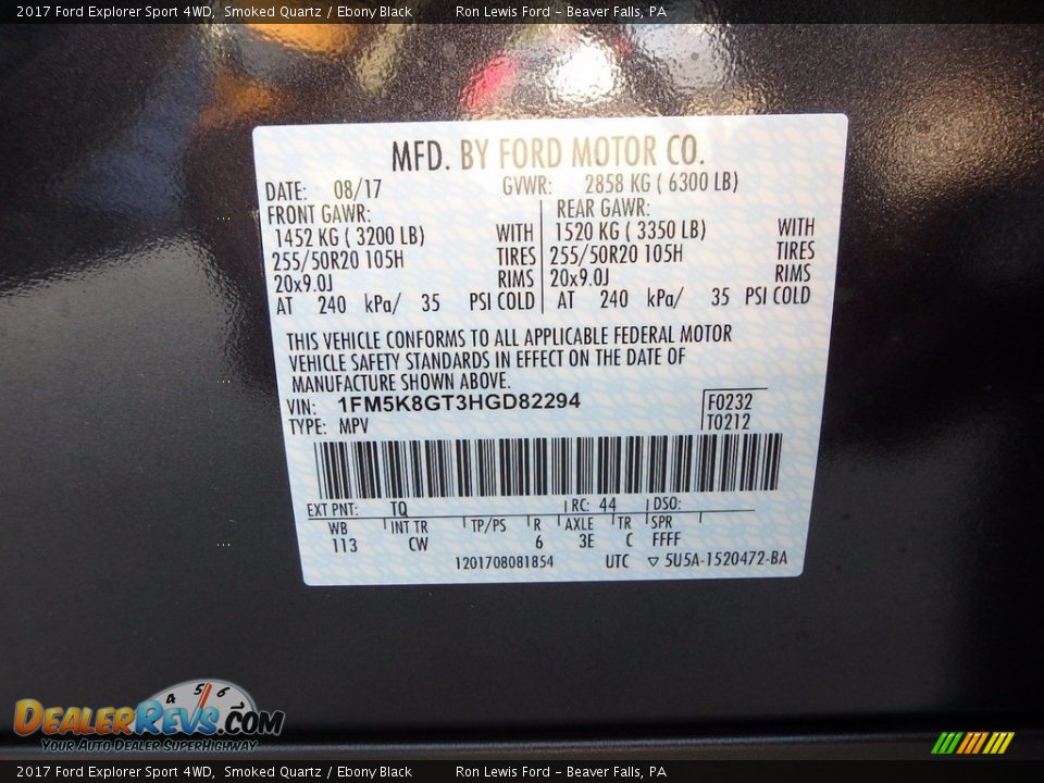 2017 Ford Explorer Sport 4WD Smoked Quartz / Ebony Black Photo #15