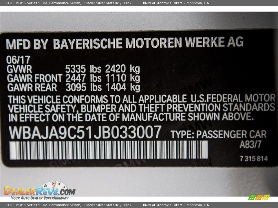 2018 BMW 5 Series 530e iPerfomance Sedan Glacier Silver Metallic / Black Photo #11
