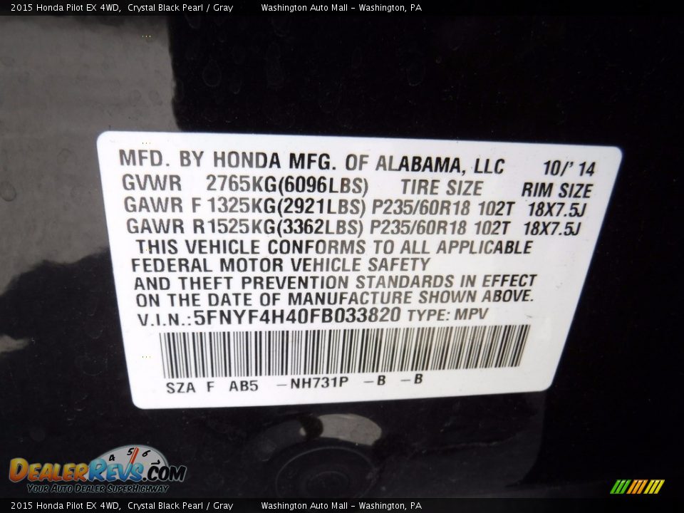 2015 Honda Pilot EX 4WD Crystal Black Pearl / Gray Photo #29