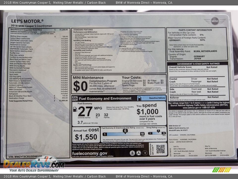 2018 Mini Countryman Cooper S Melting Silver Metallic / Carbon Black Photo #10