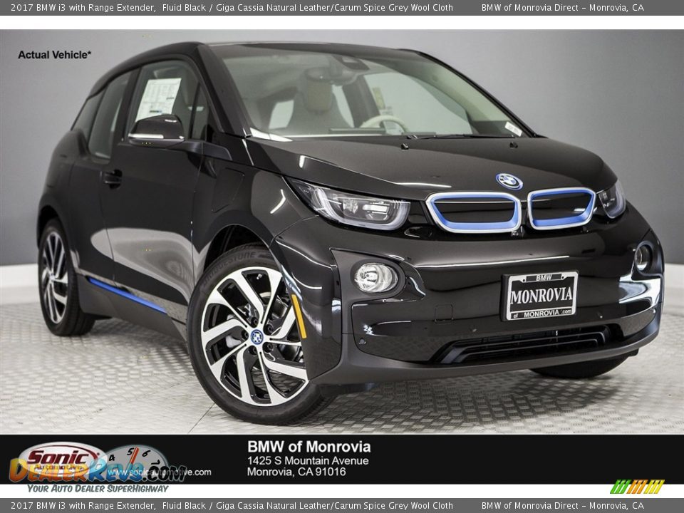2017 BMW i3 with Range Extender Fluid Black / Giga Cassia Natural Leather/Carum Spice Grey Wool Cloth Photo #1