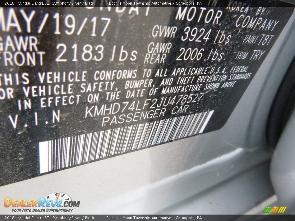 2018 Hyundai Elantra SE Symphony Silver / Black Photo #13
