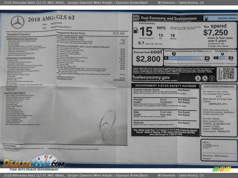 2018 Mercedes-Benz GLS 63 AMG 4Matic Window Sticker Photo #16