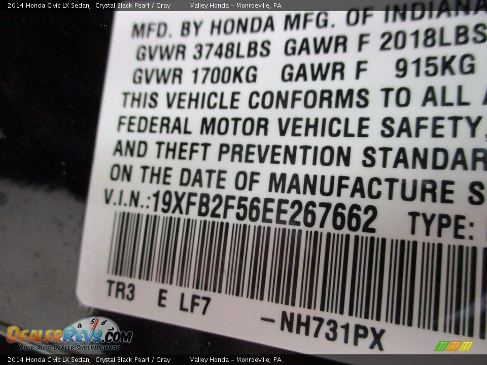 2014 Honda Civic LX Sedan Crystal Black Pearl / Gray Photo #19