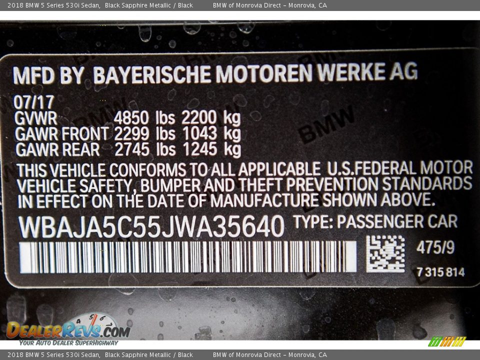 2018 BMW 5 Series 530i Sedan Black Sapphire Metallic / Black Photo #11