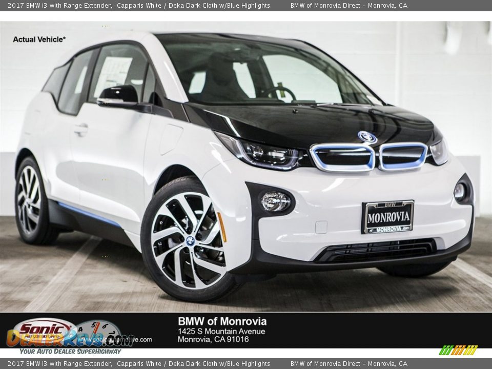 2017 BMW i3 with Range Extender Capparis White / Deka Dark Cloth w/Blue Highlights Photo #1