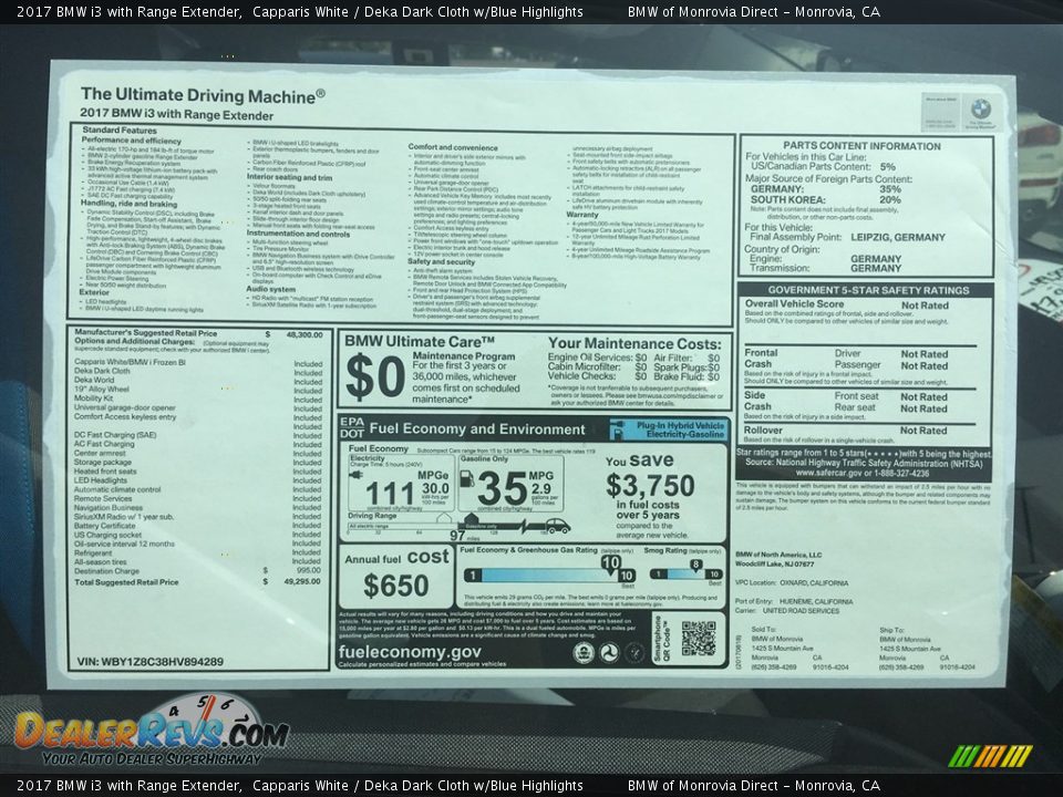 2017 BMW i3 with Range Extender Capparis White / Deka Dark Cloth w/Blue Highlights Photo #10