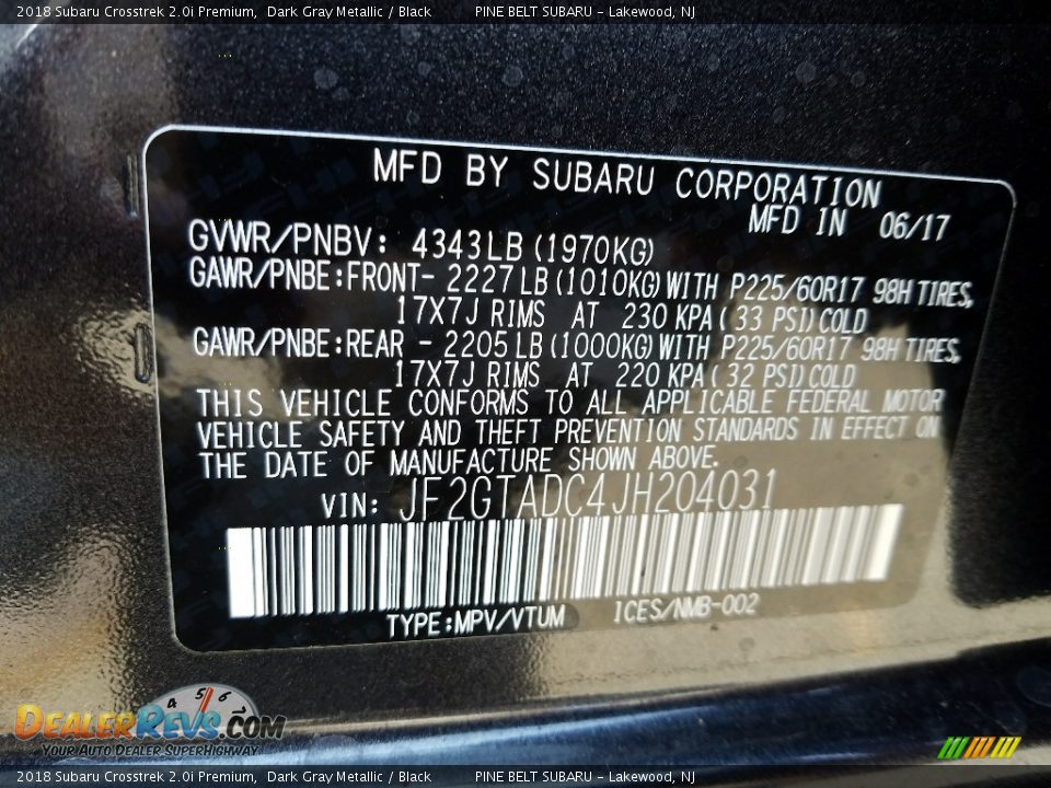 2018 Subaru Crosstrek 2.0i Premium Dark Gray Metallic / Black Photo #8