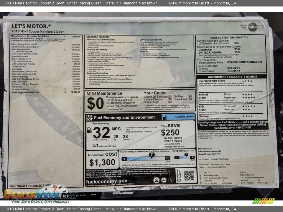 2018 Mini Hardtop Cooper 2 Door British Racing Green II Metallic / Diamond Malt Brown Photo #9