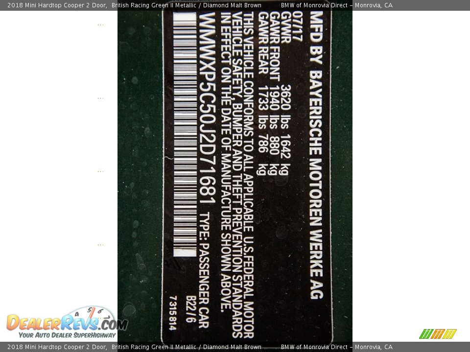 2018 Mini Hardtop Cooper 2 Door British Racing Green II Metallic / Diamond Malt Brown Photo #10