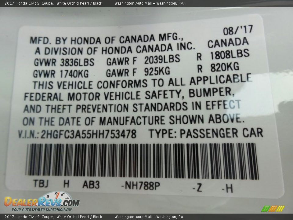 2017 Honda Civic Si Coupe White Orchid Pearl / Black Photo #8