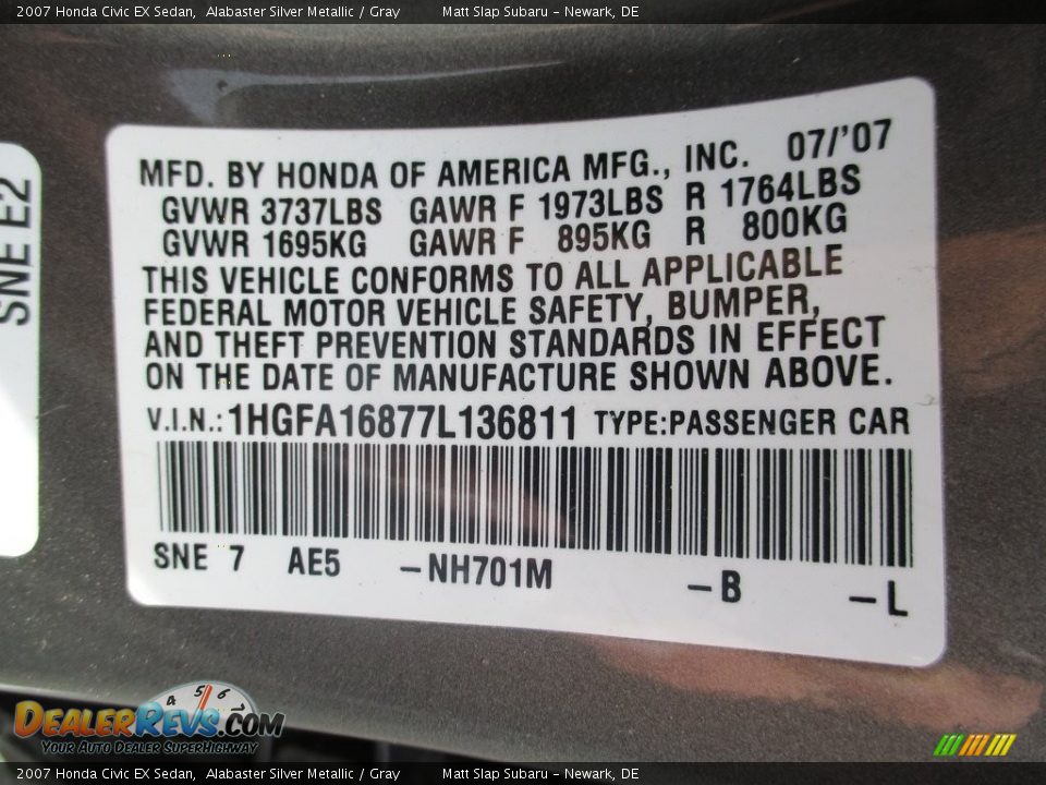 2007 Honda Civic EX Sedan Alabaster Silver Metallic / Gray Photo #30